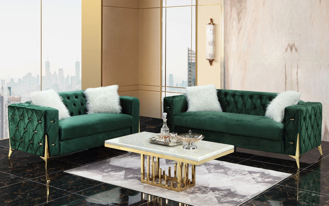 Emerald Modern Style Green Loveseat in Gold finish