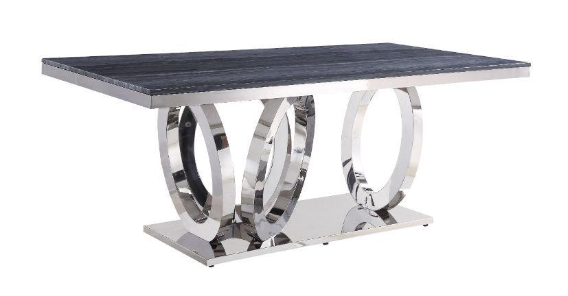 Nasir Gray Printed Faux Marble & Mirrored Silver Finish Dining Room Table
