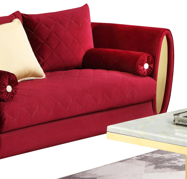 Ruby Modern Style Red Loveseat with Gold Finish