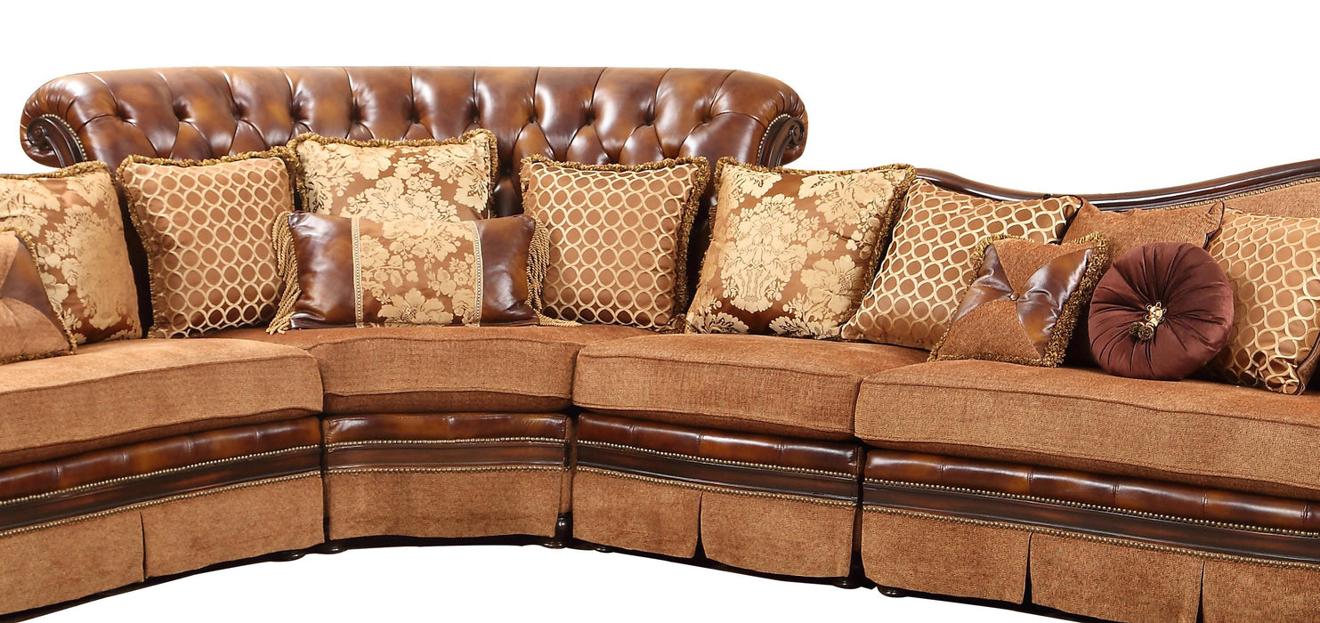 Linda Sectional Traditional Style Leather Sofa in Cherry Wood