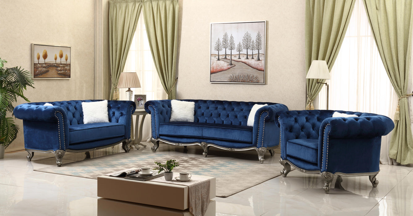 Mia Transitional Style Navy Sofa with Silver Finish