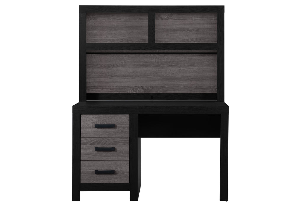 grey bed and black dresser The Foyland Black / Brown 5 Pc. Dresser, Mirror, Queen Panel Storage Bed available at Wier Furniture serving Lewistown, MT and surrounding areas