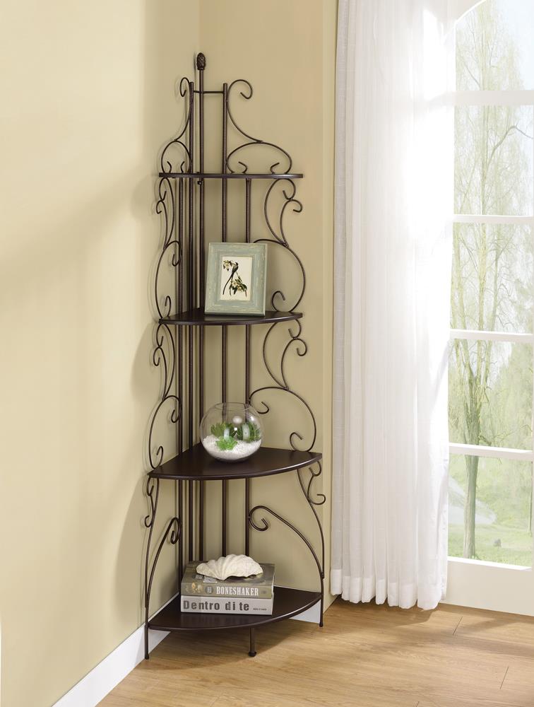 corner bakers rack plant stand Coaster Furniture Scroll Corner Bookcase