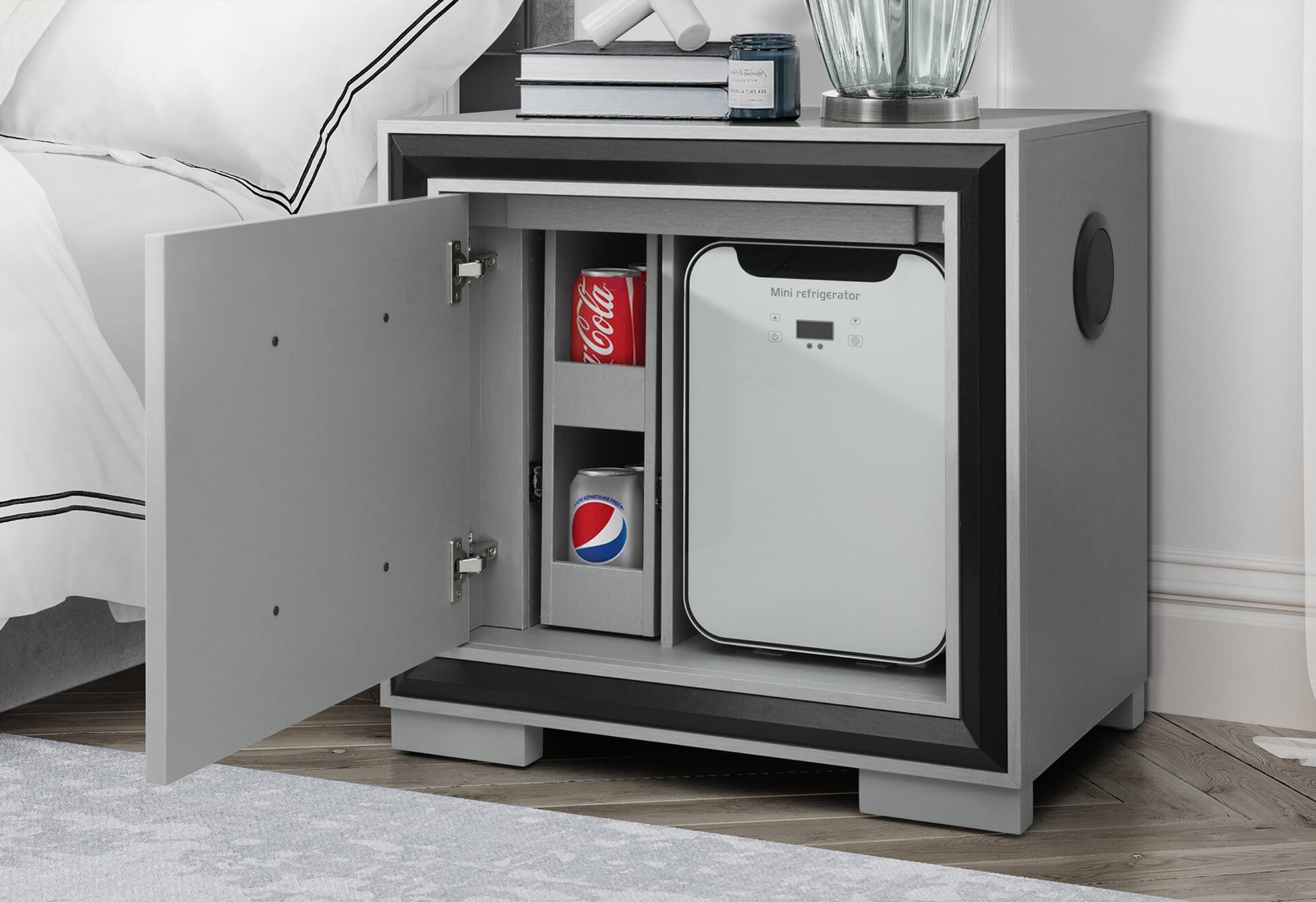 Amelia-Grey-Black-RSC-with-NS-w-Fridge.jpg AMELIA GREY/BLACK QUEEN BED GROUP WITH LED, COOLER AND SPEAKER - Image 2